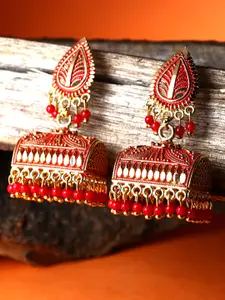 ANIKAS CREATION  Gold plated Red Leaf Shaped Enamelled Jhumkas
