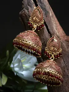 ANIKAS CREATION  Gold plated & Maroon Dome Shaped Enamelled Jhumkas