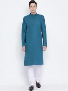 NAMASKAR Men Blue & White Solid Kurta with Churidar