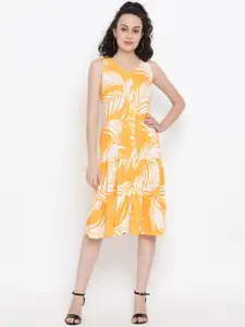 SQew Women Yellow & White Tropical Printed A-Line Dress