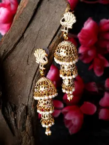 ANIKAS CREATION Gold Plated & White Enamelled Peacock Shaped Jhumkas