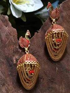 ANIKAS CREATION  Gold plated & Red Peacock Shaped Enamelled Jhumkas
