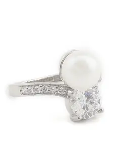 CLARA Women 92.5 Sterling Silver & Off-White CZ-Stone & Pearl Embelished Finger Ring