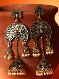 ANIKAS CREATION Gold Plated & Off-White Enamelled Peacock Shaped Drop Earrings