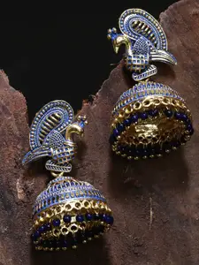 ANIKAS CREATION Gold Plated & Blue Enamelled Peacock Shaped Jhumkas