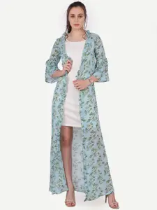 SCORPIUS Women Blue & Green Printed Longline Open Front Shrug