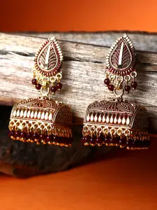 ANIKAS CREATION Gold plated & Maroon Leaf Shaped Enamelled Jhumkas