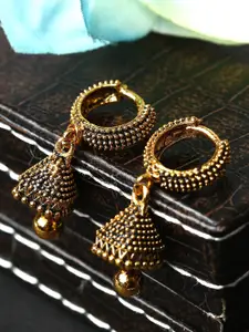 ANIKAS CREATION Gunmetal-Toned & Gold-Plated Antique Dome Shaped Jhumkas
