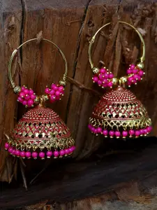ANIKAS CREATION Pink & Gold-Plated Enamelled Dome Shaped Jhumkas
