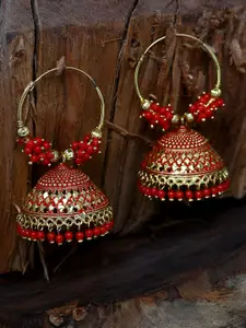 ANIKAS CREATION Red & Gold-Plated Enamelled Dome Shaped Jhumkas