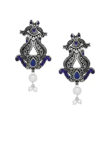 Silvermerc Designs Blue Silver-Plated Handcrafted Turquoise & Pearls Studded Drop Earrings