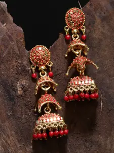ANIKAS CREATION  Gold plated Red Dome Shaped Enamelled Jhumkas
