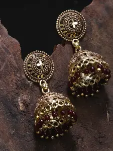 ANIKAS CREATION Maroon & Gold-Plated Enamelled Dome Shaped Jhumkas