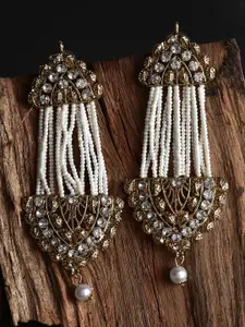 ANIKAS CREATION White & Gold-Plated Handcrafted Kundan Pearl Studded Multistrand Earrings