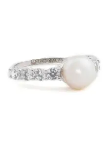 CLARA Women 92.5 Sterling Silver & Off-White CZ-Stone & Pearl Embelished Finger Ring