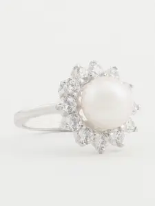 CLARA Women 92.5 Sterling Silver & Off-White CZ-Stone & Pearl Embelished Finger Ring