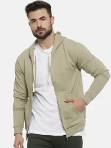 Campus Sutra Men Beige Solid Hooded Sweatshirt