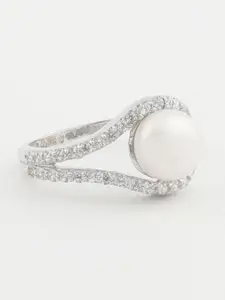 CLARA Women 92.5 Sterling Silver & White CZ-Stone & Pearl Embelished Finger Ring