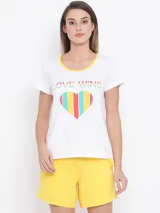 Clovia Clovia Women White Printed Top & Yellow Shorts Night Suit LS0451A18XXL