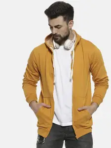 Campus Sutra Men Yellow Solid Hooded Sweatshirt