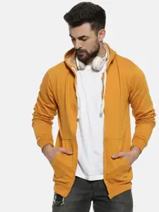 Campus Sutra Men Yellow Solid Hooded Sweatshirt