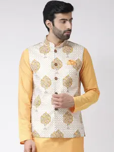 KISAH Men White & Yellow Printed Pure Cotton Nehru Jackets