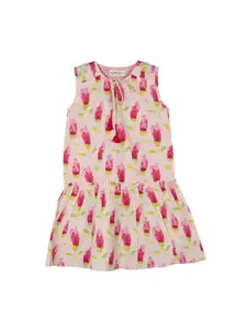My Little Lambs Girls Pink & Yellow Tulip Print Fit and Flare Dress
