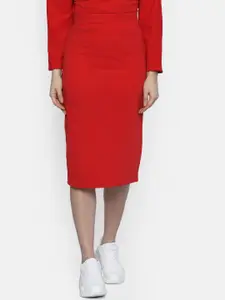 ISU Women Red Solid Straight Skirt