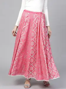 Pannkh Women Pink & White Lotus patterned Kalidaar Maxi Skirt