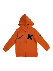 KiddoPanti Boys Orange Printed Hooded Sweatshirt