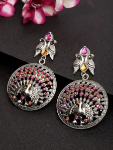 Moedbuille Silver-Plated & Pink Peacock Shaped Handcrafted Oxidised Drop Earrings