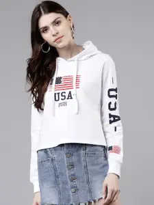 Tokyo Talkies Women White & Black Printed Hooded Sweatshirt