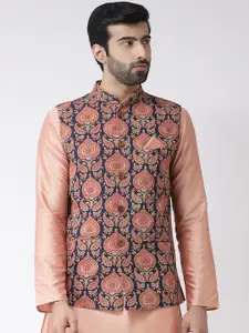 KISAH Men Navy Blue & Peach-Coloured Printed Nehru Jacket