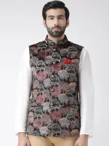 KISAH Men Black & Maroon Printed Nehru Jacket