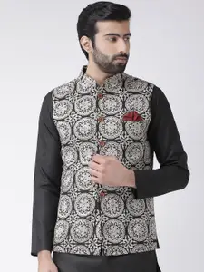 KISAH Men Black & White Printed Pure Cotton Nehru Jacket