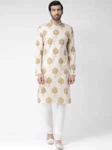 KISAH Men Cream-Coloured & Gold-Toned Printed Straight Kurta