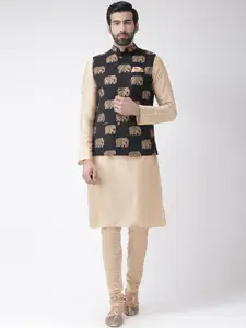 KISAH Men Black & Cream-Coloured Printed Kurta with Churidar & Nehru Jacket
