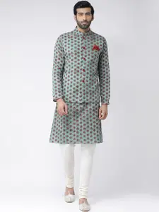 KISAH Men Green & White Printed Kurta with Churidar