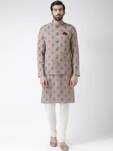 KISAH Men Khaki & White Printed Kurta Churidar & Nehru Jacket Set