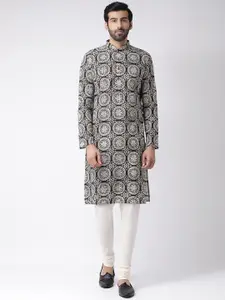 KISAH Men Black & White Printed Kurta with Churidar