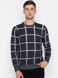 Red Tape Men Navy Blue & White Checked Sweater