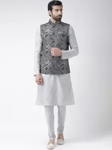 KISAH Men Black & Silver-Coloured Printed Kurta with Churidar & Nehru Jacket