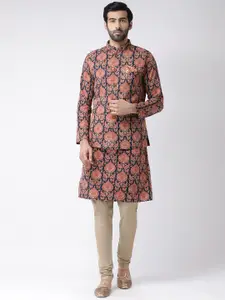 KISAH Men Navy Blue & Beige Printed Kurta with Churidar
