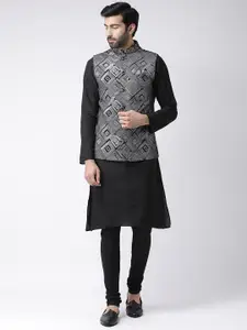 KISAH Men Black & Silver-Coloured Printed Kurta with Churidar & Nehru Jacket Set