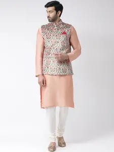 KISAH Men Peach-Coloured Solid Kurta with Churidar