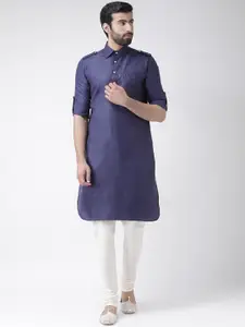 KISAH Men Navy Blue & Cream-Coloured Solid Kurta with Churidar