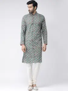 KISAH Men Green & White Printed Kurta with Churidar