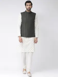 KISAH Men White & Olive Green Self Design Kurta Churidar & Nehru Jacket Set