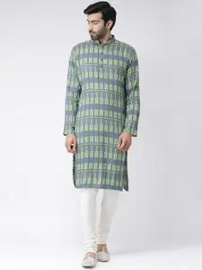 KISAH Men Grey & White Printed Kurta with Churidar