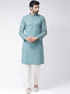 KISAH Men Blue & White Chevron Striped Kurta with Churidar